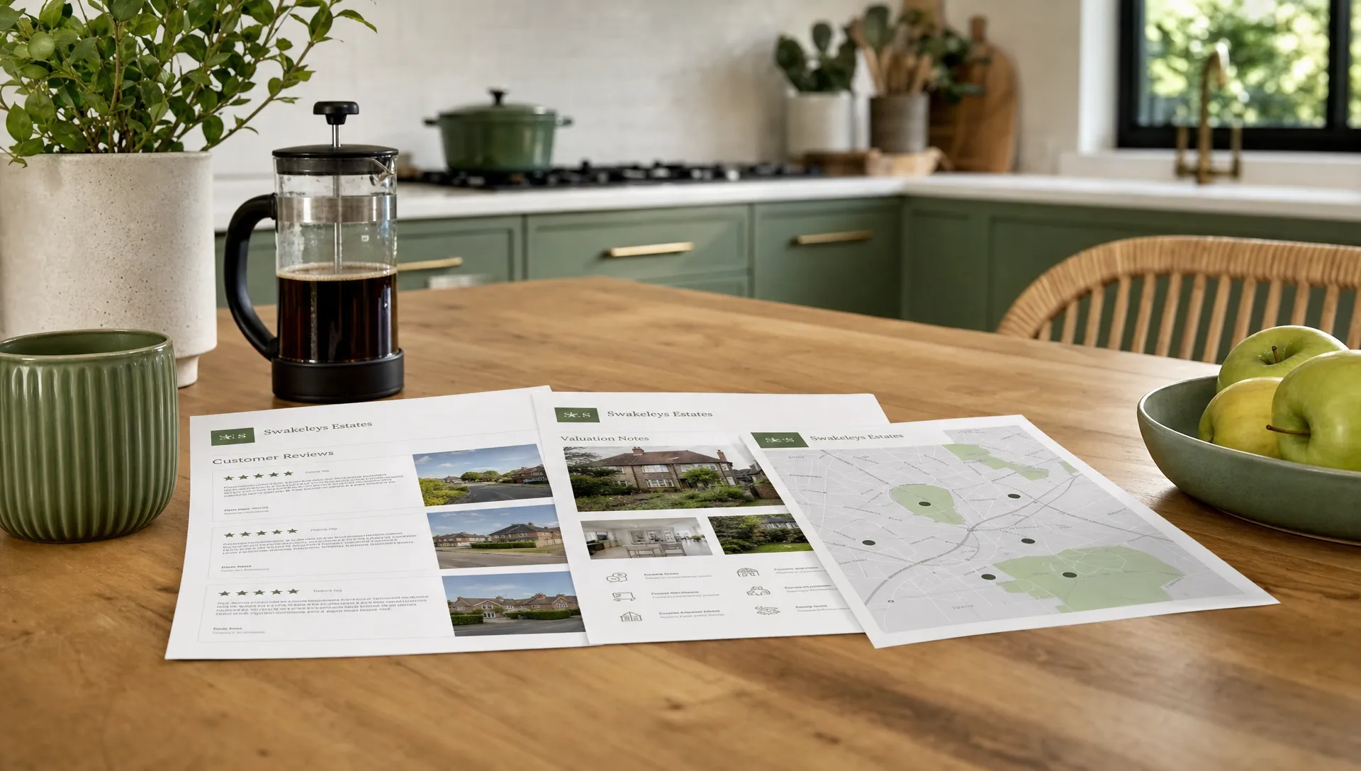 Printed estate agent reviews, valuation notes and a local map sit on a kitchen table for a home sale decision.