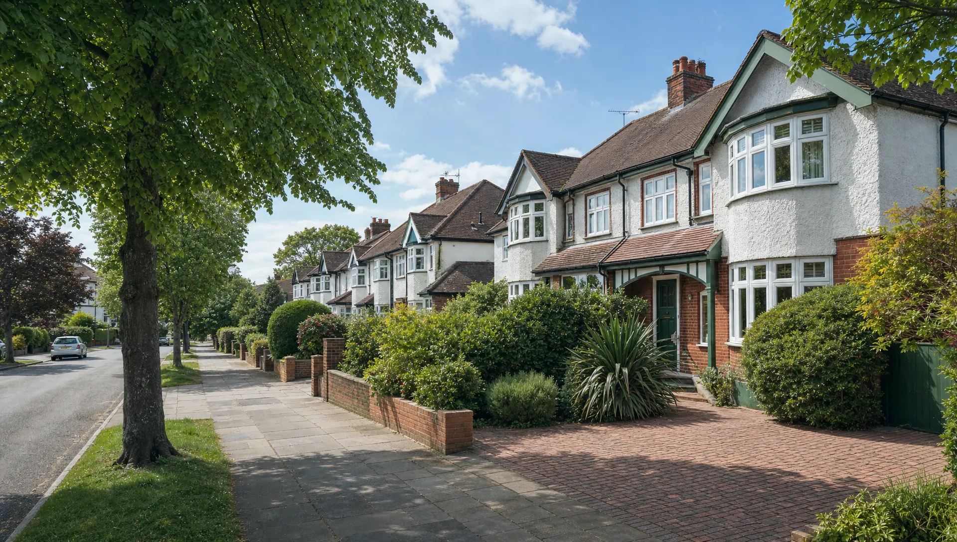 A side-angle view of a quiet Ickenham residential road with 1930s semi-detached houses, mature trees, front gardens and brick driveways, seen from pavement level on a bright day, with no people and no visible text or branding.