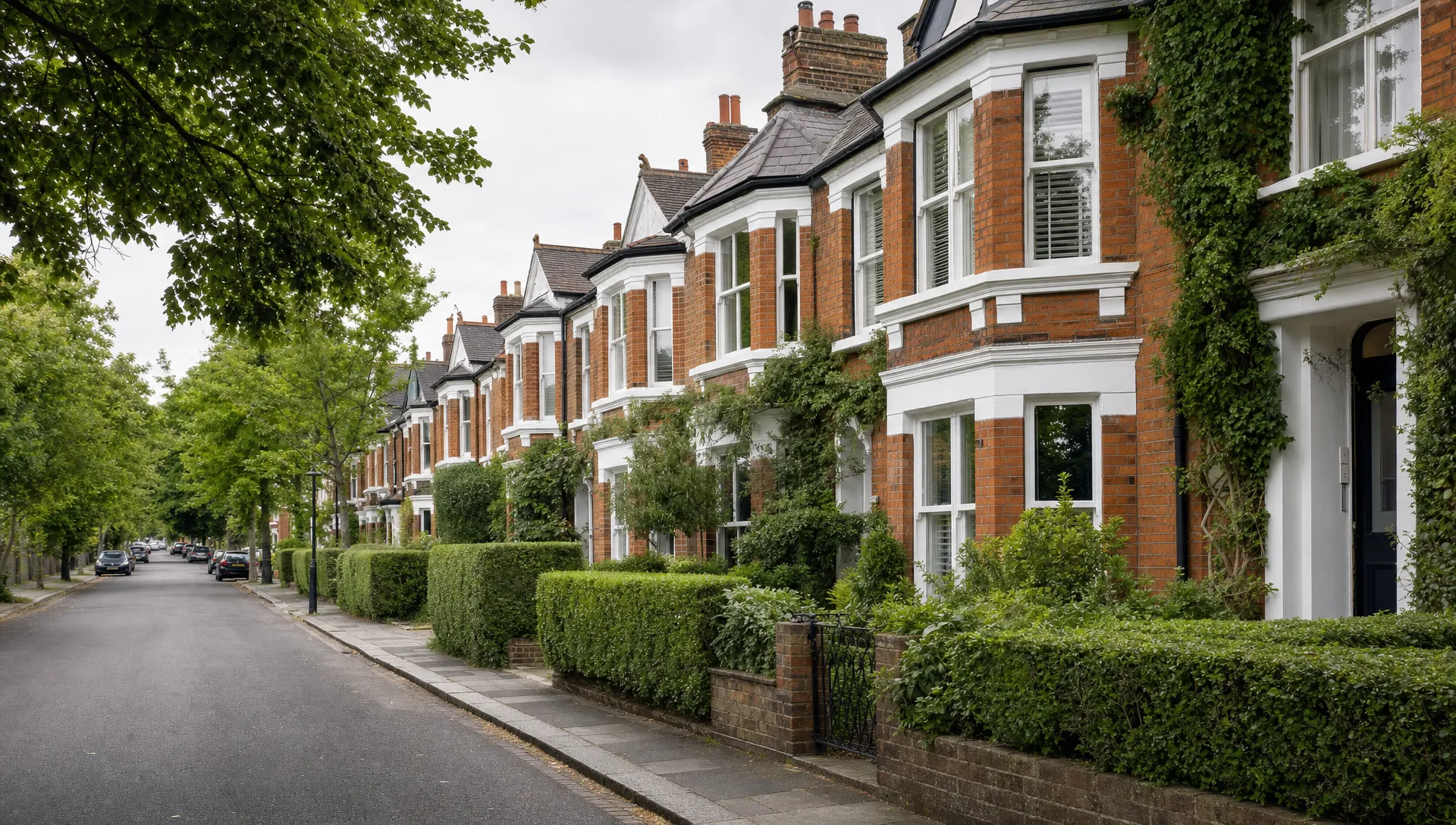 A quiet West London residential street in Ickenham with period brick homes, bay windows, neat front gardens and mature hedges, shown from street level with no people, text, logos or branding.