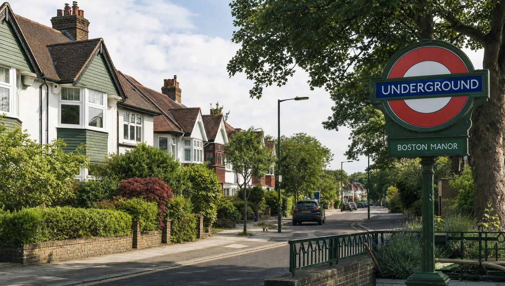 A quiet West London residential street with well-kept 1930s semi-detached homes, mature front gardens and a nearby Underground station sign, showing village housing and transport links.