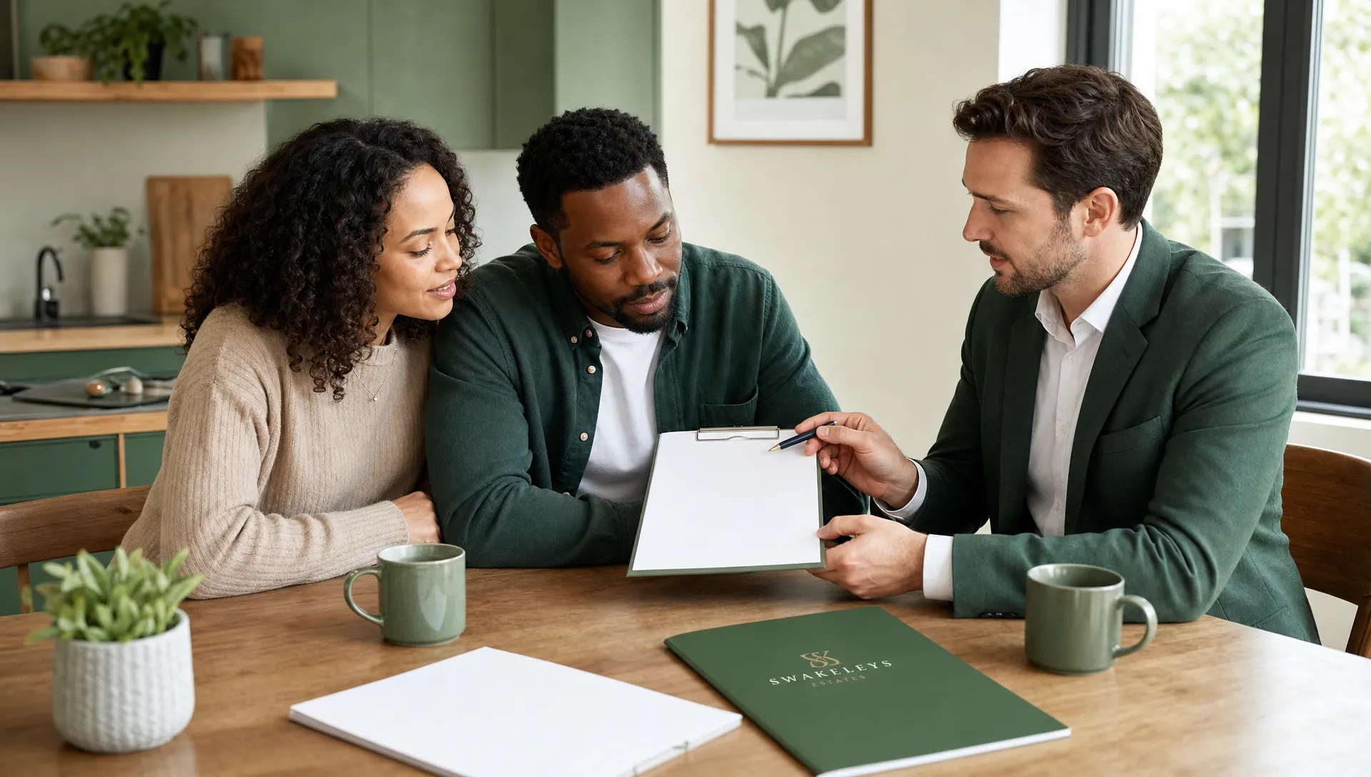 A diverse homeowner couple and an estate agent reviewing a property comparison checklist at a kitchen table, with a Swakeleys Estates folder visible and all other documents blank.
