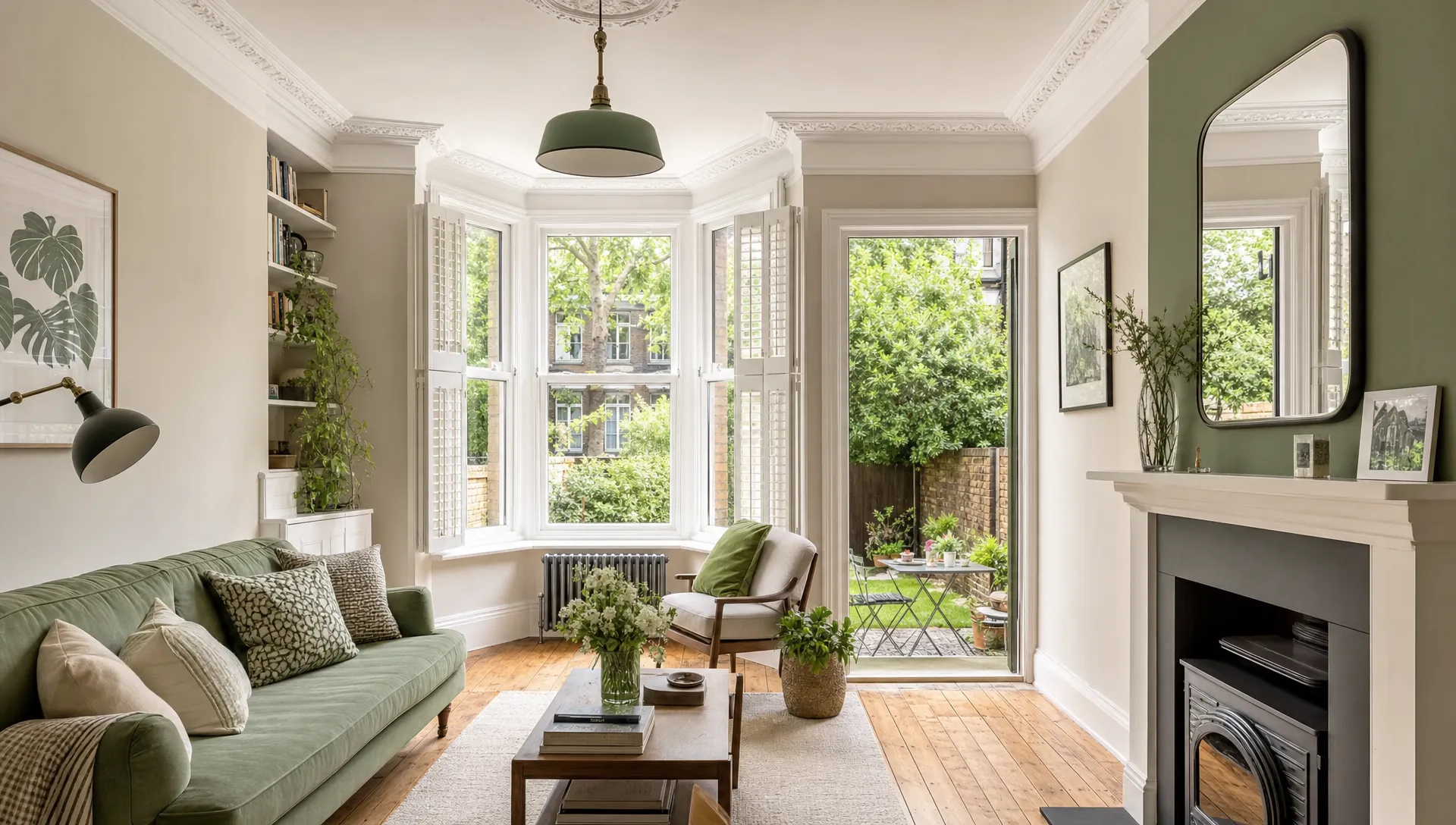 A tidy period home interior in West London with a bright bay window, polished wooden floor, neutral walls and a view into a small rear garden, showing a rental-ready property with no people.