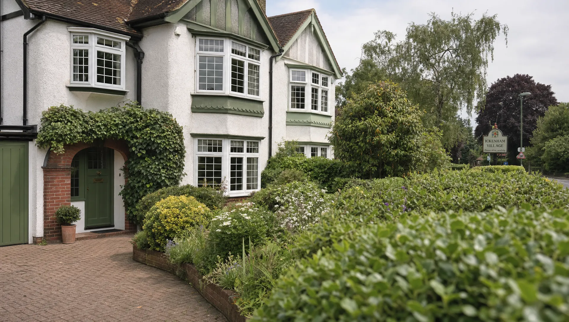 A close view of a 1930s semi-detached house in Ickenham with a mature front garden, a paved driveway and a hint of village road signage beyond the hedge, showing the character buyers weigh up when comparing homes in Ickenham and Ruislip.