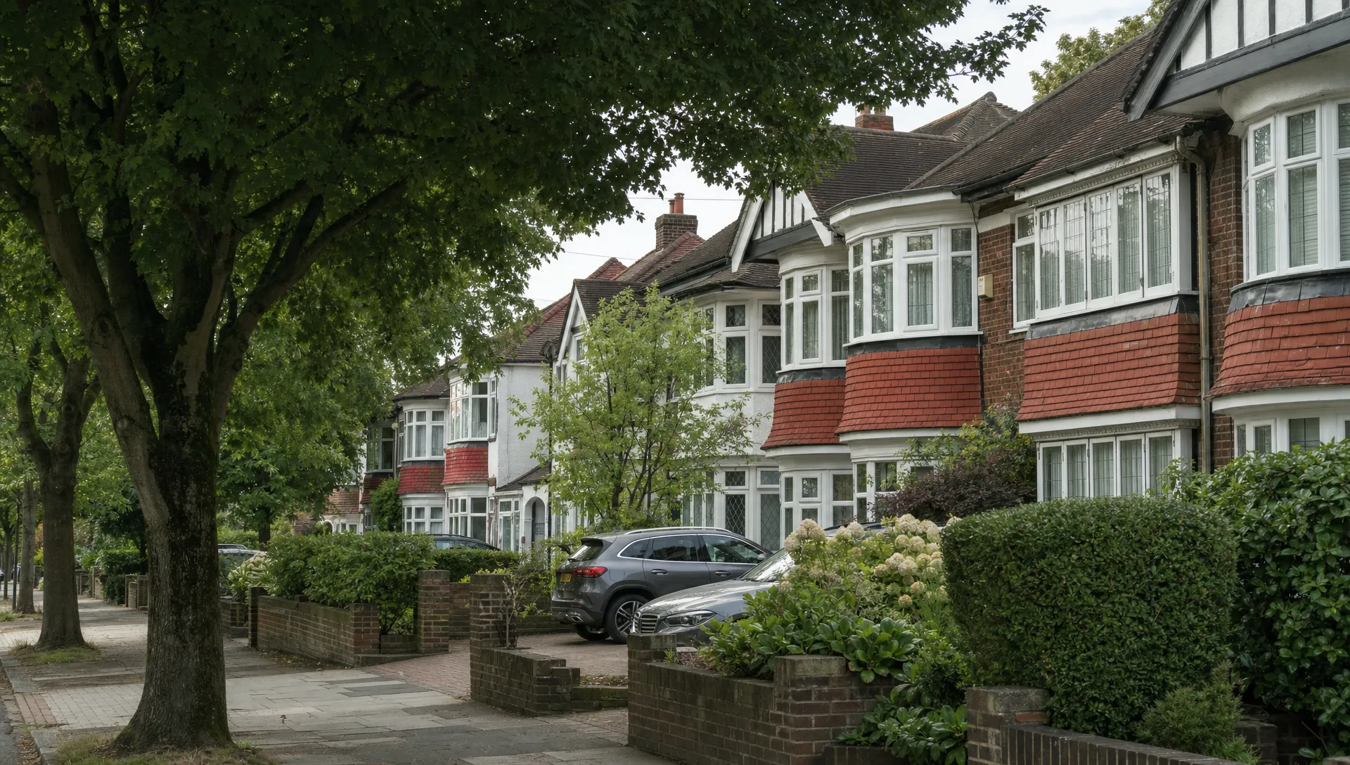 Tree-lined Ickenham street with 1930s semi-detached brick houses, bay windows, neat front gardens, mature trees and parked cars on driveways.