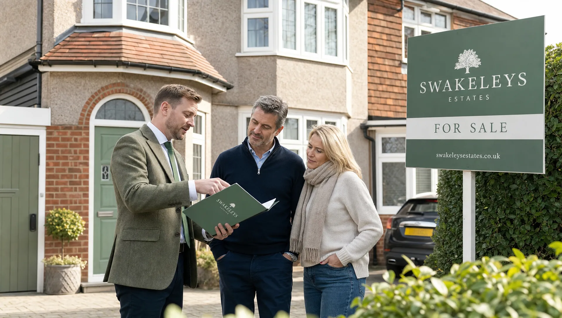 A Swakeleys Estates director discussing a valuation with homeowners in the driveway of a 1930s semi-detached house near Ickenham village, with a Swakeleys Estates for sale board visible and all brochures, folders and documents in the scene either branded Swakeleys Estates or left blank.
