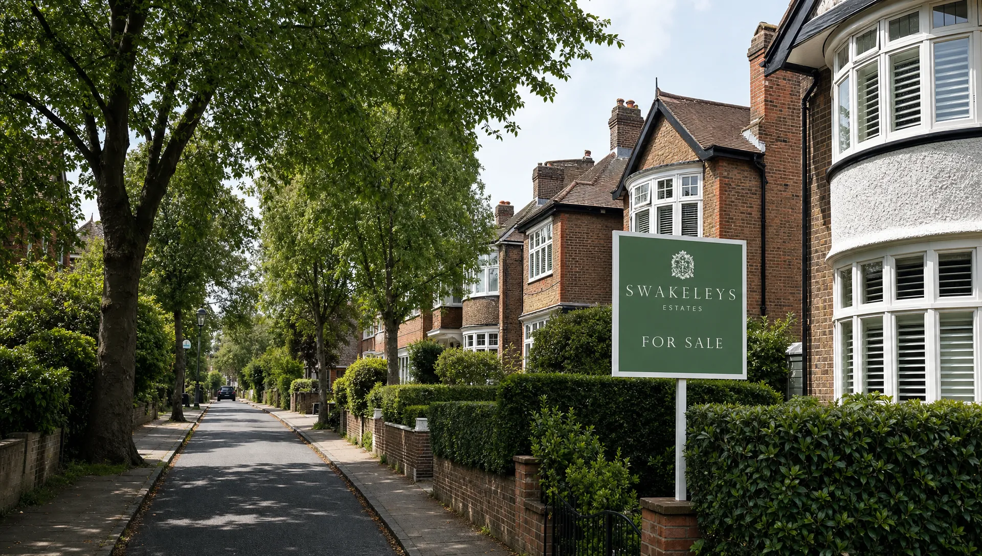 A quiet West London village street with mature trees, 1930s brick family homes and a Swakeleys Estates for sale sign outside one property, with all other signs and documents blank.