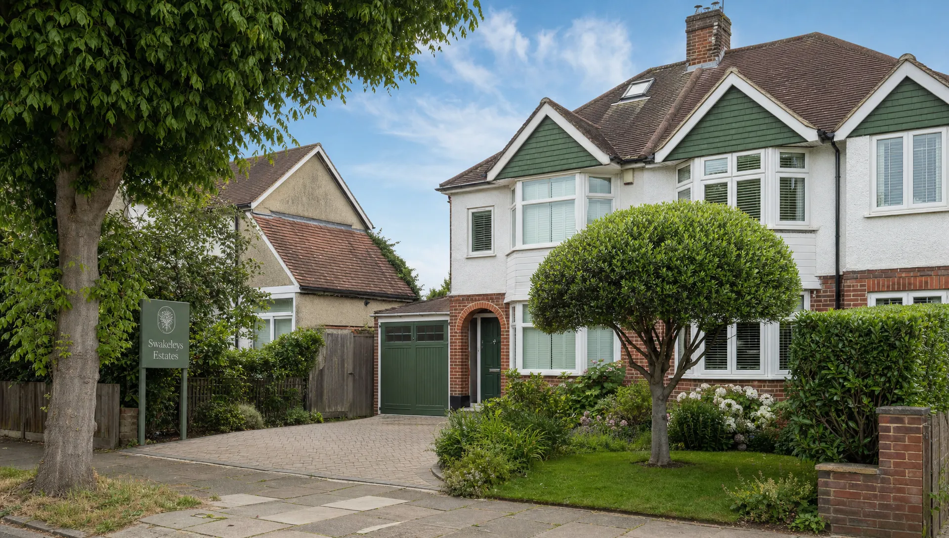A well presented family home on a quiet Ickenham street, with a neat front garden, mature trees and a discreet board near the driveway.