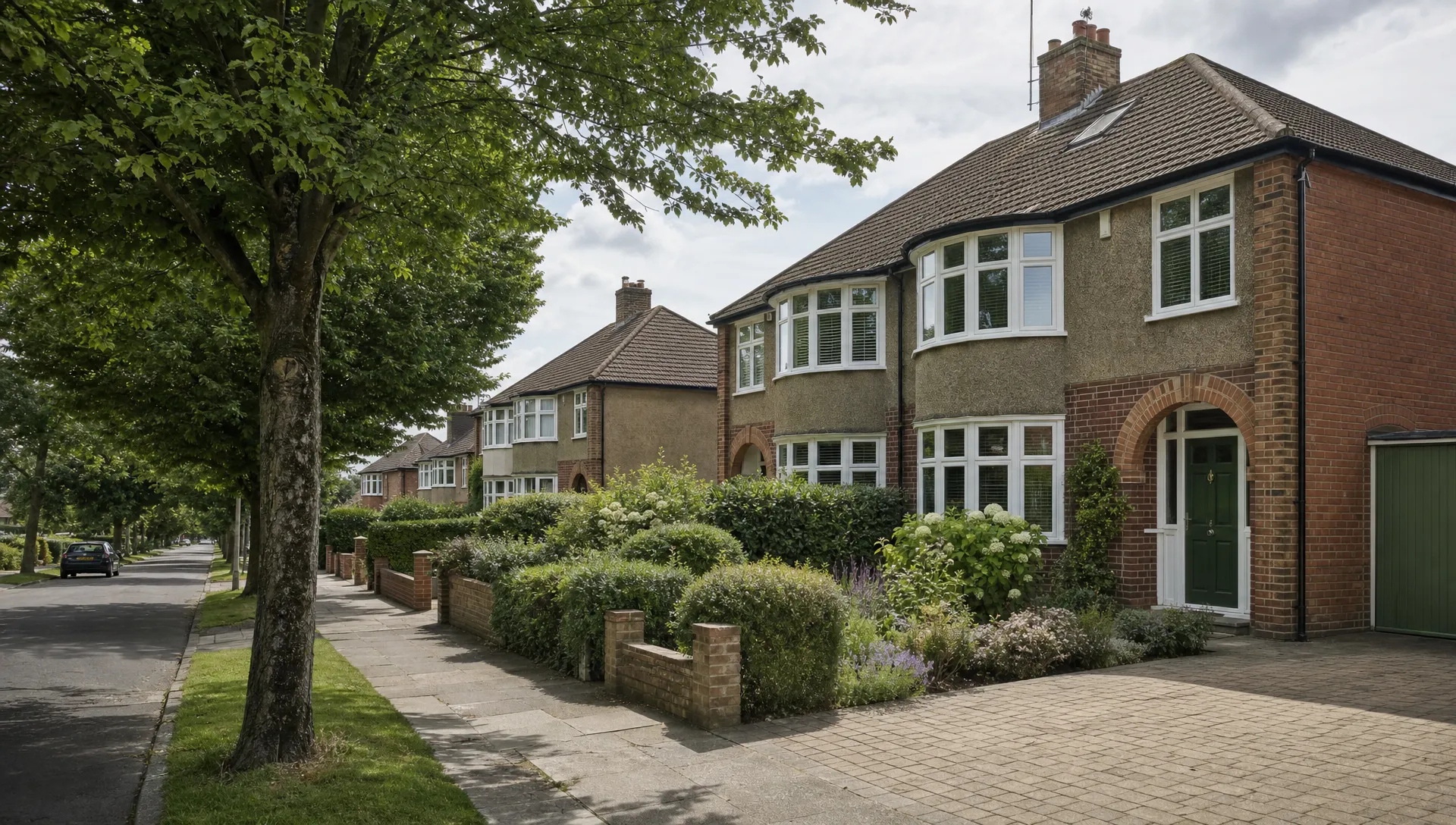 A quiet tree-lined residential street in Ickenham with 1930s brick semis, neat front gardens and a well-kept rental home that suggests good repair management.