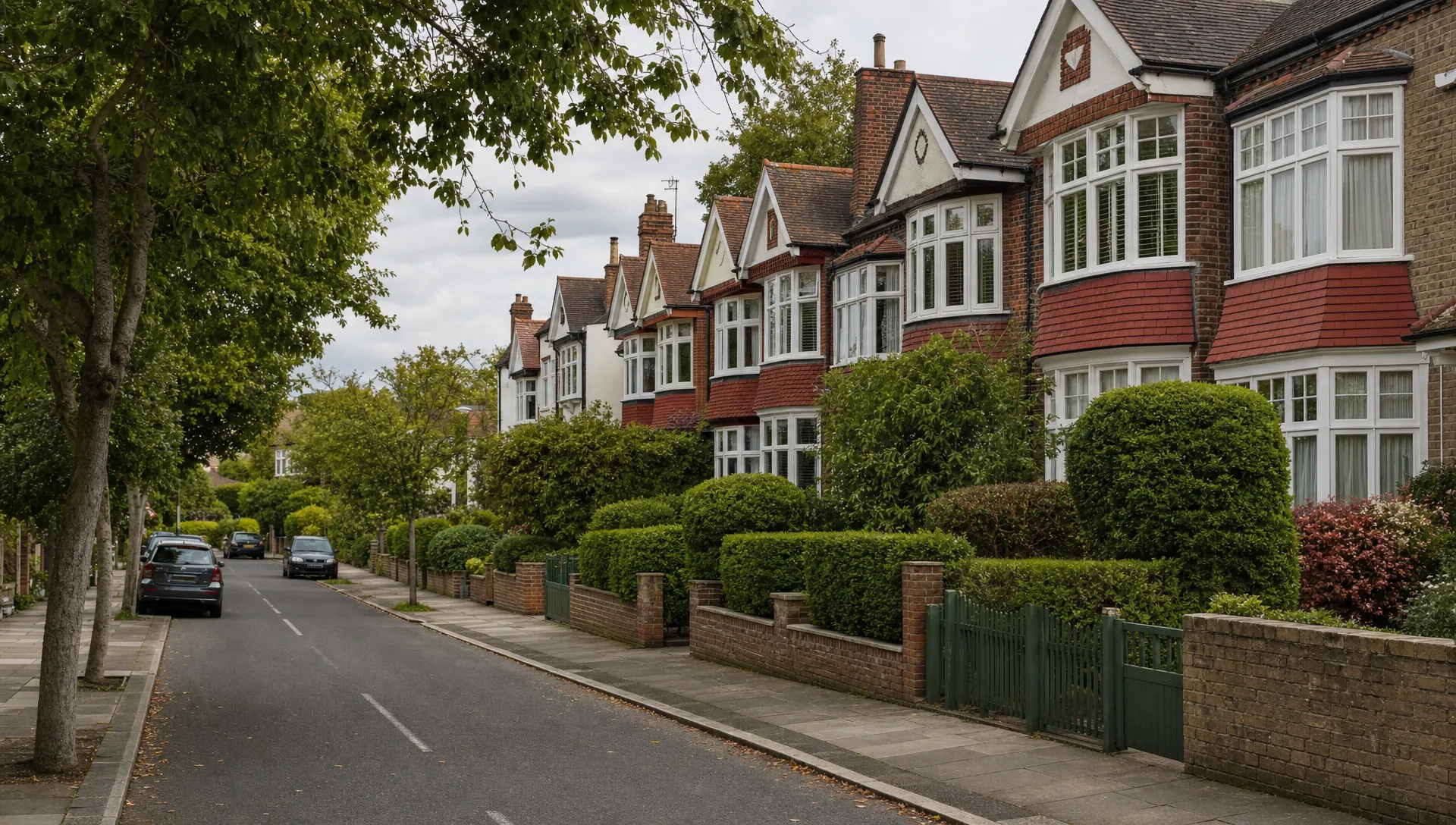A quiet West London road with 1930s brick homes, bay windows and neat front gardens, giving buyers a clear sense of the local setting.