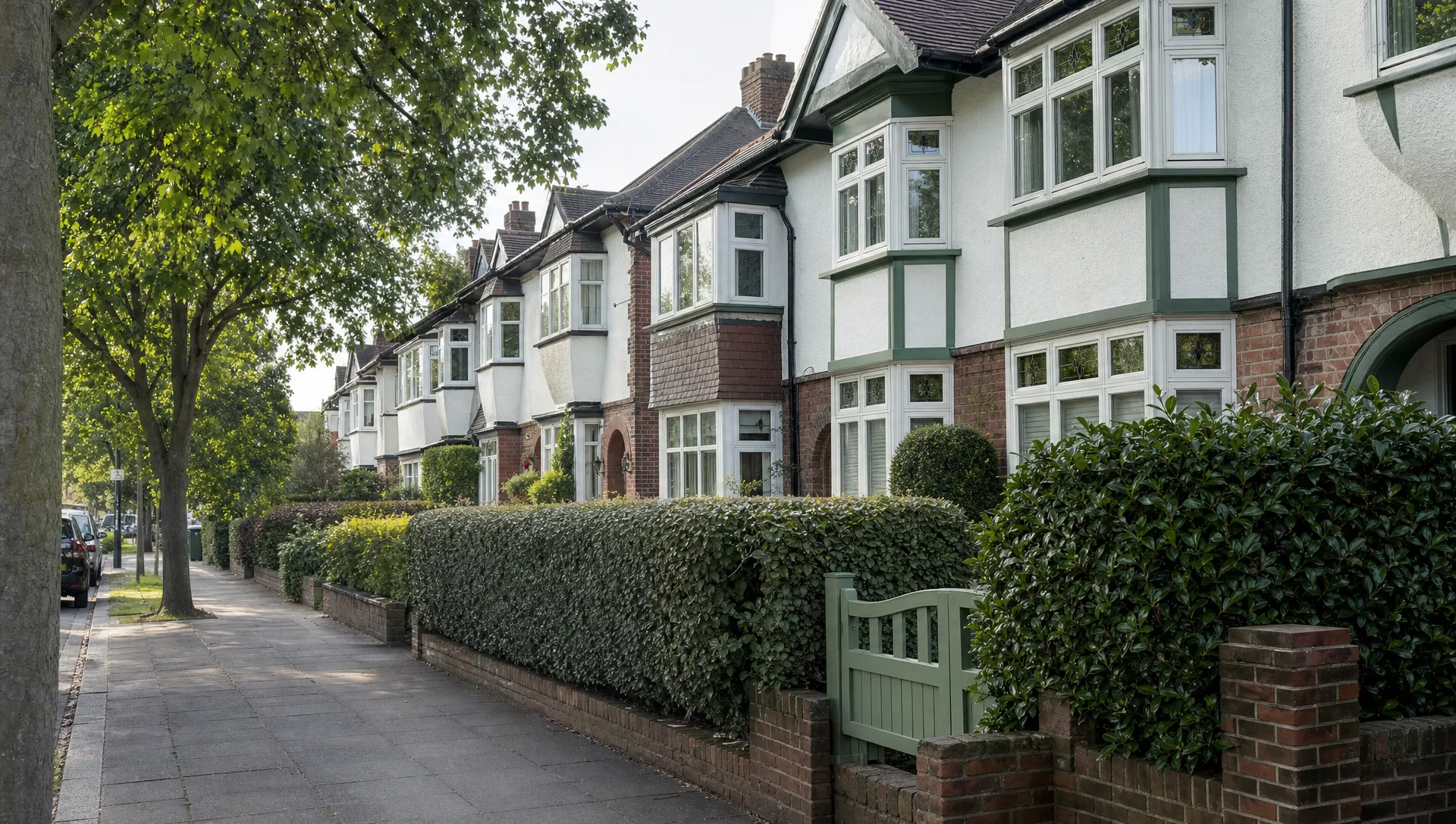 A quiet Ruislip Manor street with 1930s semi-detached homes, neat front gardens and mature trees.