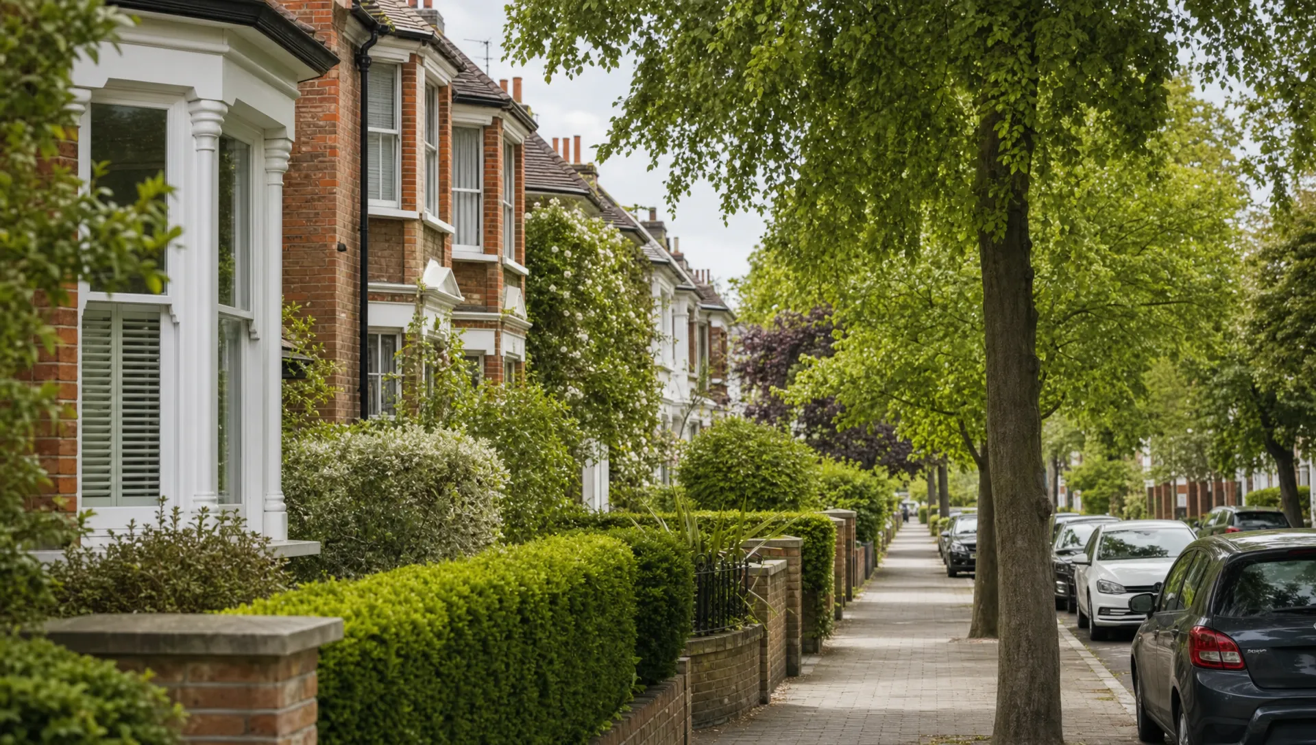 A quiet tree-lined residential street in Ickenham with well-kept front gardens, period brick homes, bay windows, mature hedges and parked cars, shown in soft natural daylight with no people, text, logos or branding.