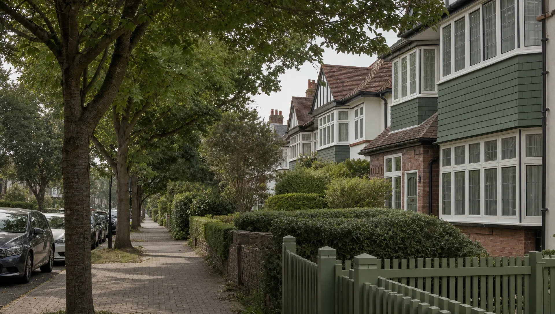 A quiet tree-lined Ickenham street with well-kept front gardens, 1930s homes, mature hedges and parked cars.