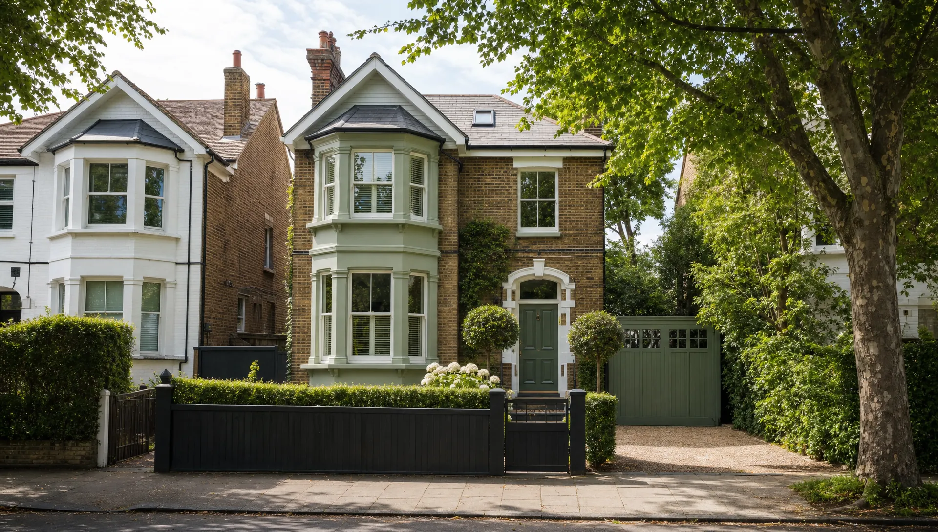 A well-presented family home on a leafy West London village street, with a tidy front garden, clear driveway, mature trees and natural light suggesting careful preparation before going to market.